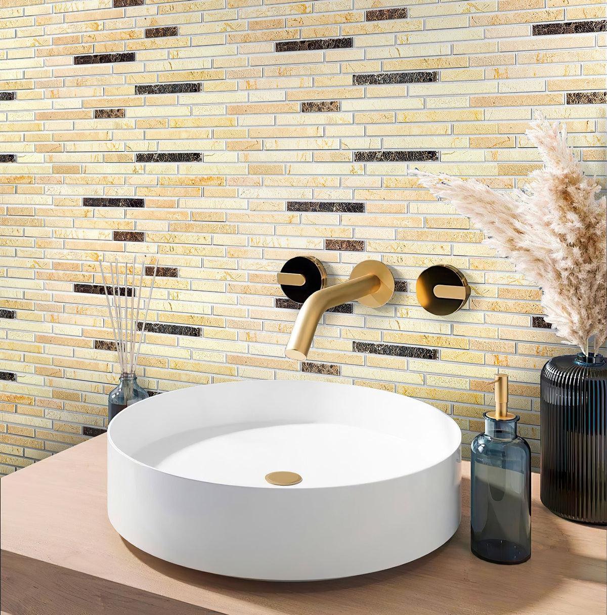 Bathroon in warm colours with skyline crema marfil marble mosaic tile wall