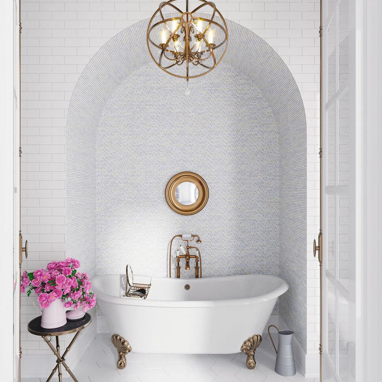 Elegant white bathroom with small marble subway tile bathroom wall