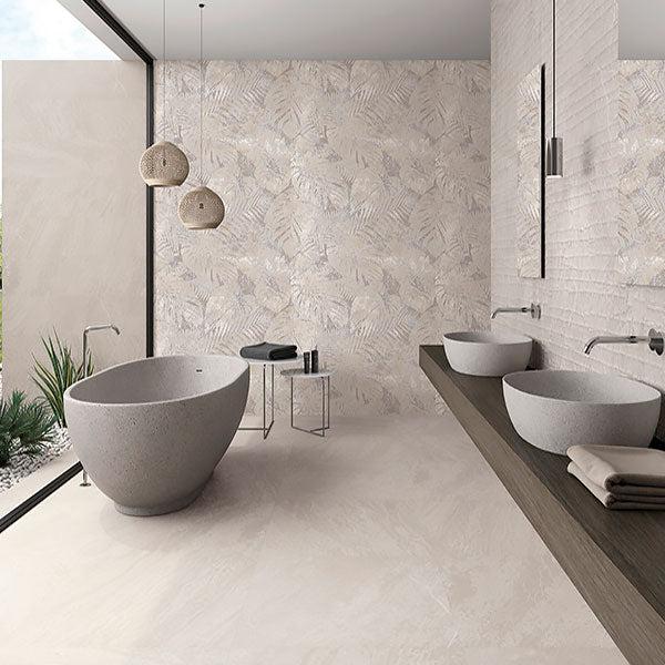Slatestone Pearl bathroom Floors with Tropical Pattern tile accent wall