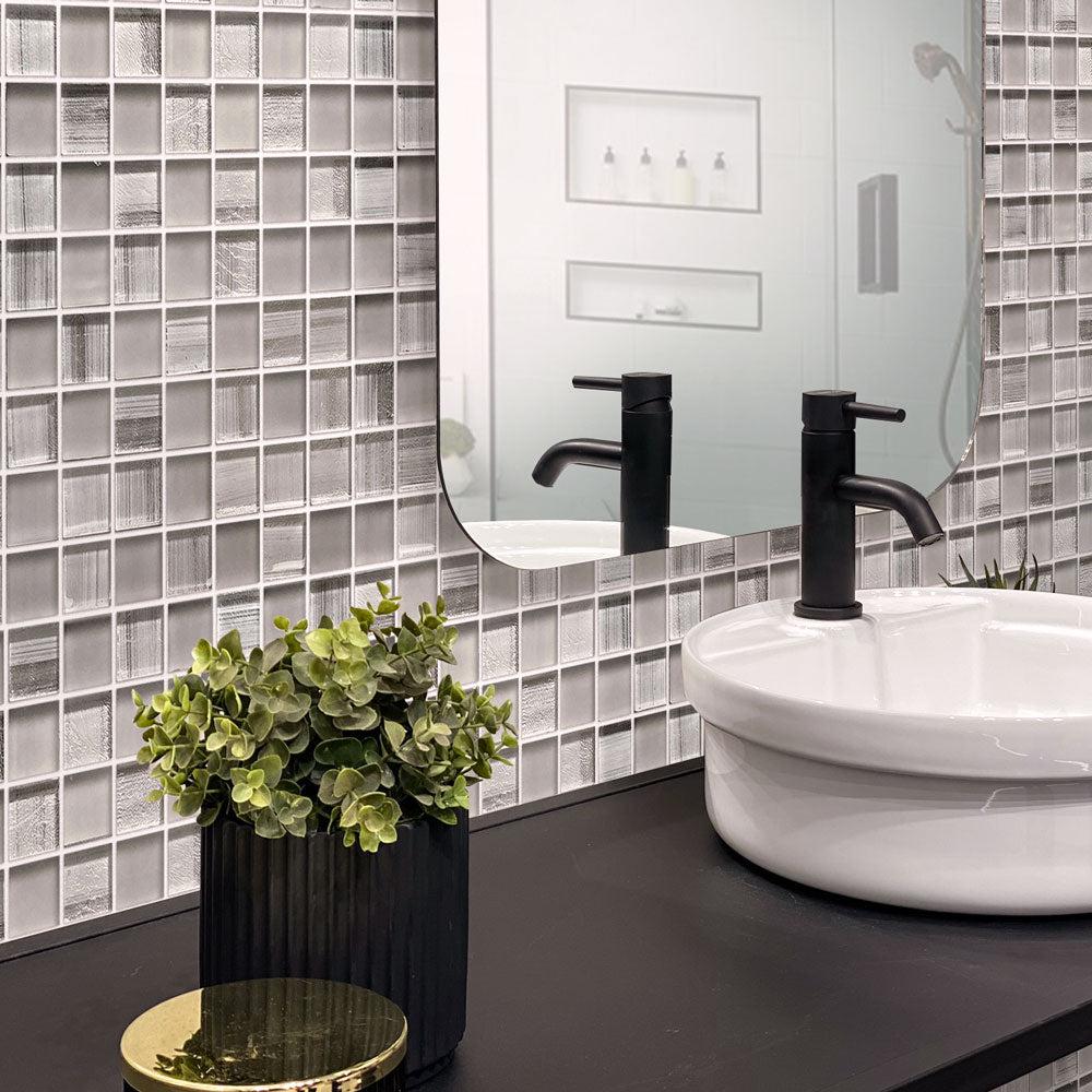 Snow White Foil Glossy And Frosted Square Mosaic Tile on a bathroom wall