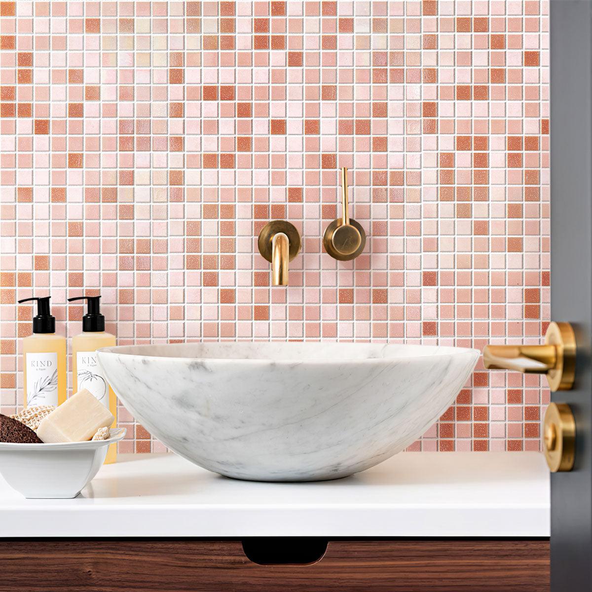 Soft Rose Mixed Squares Glass Tile adorn the elegant bathroom walls