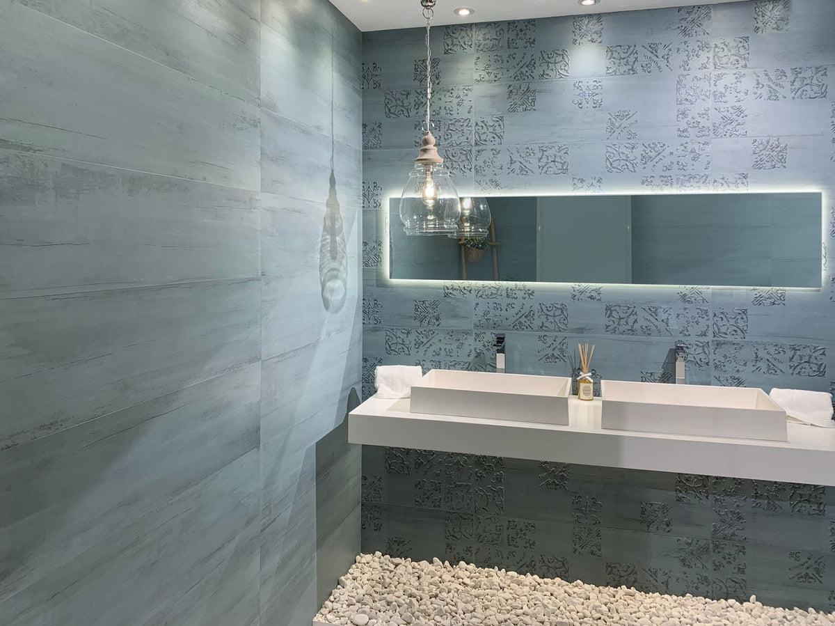 Sospiro Ocean Ceramic Tile Backsplash in Bathroom with White Washbasins