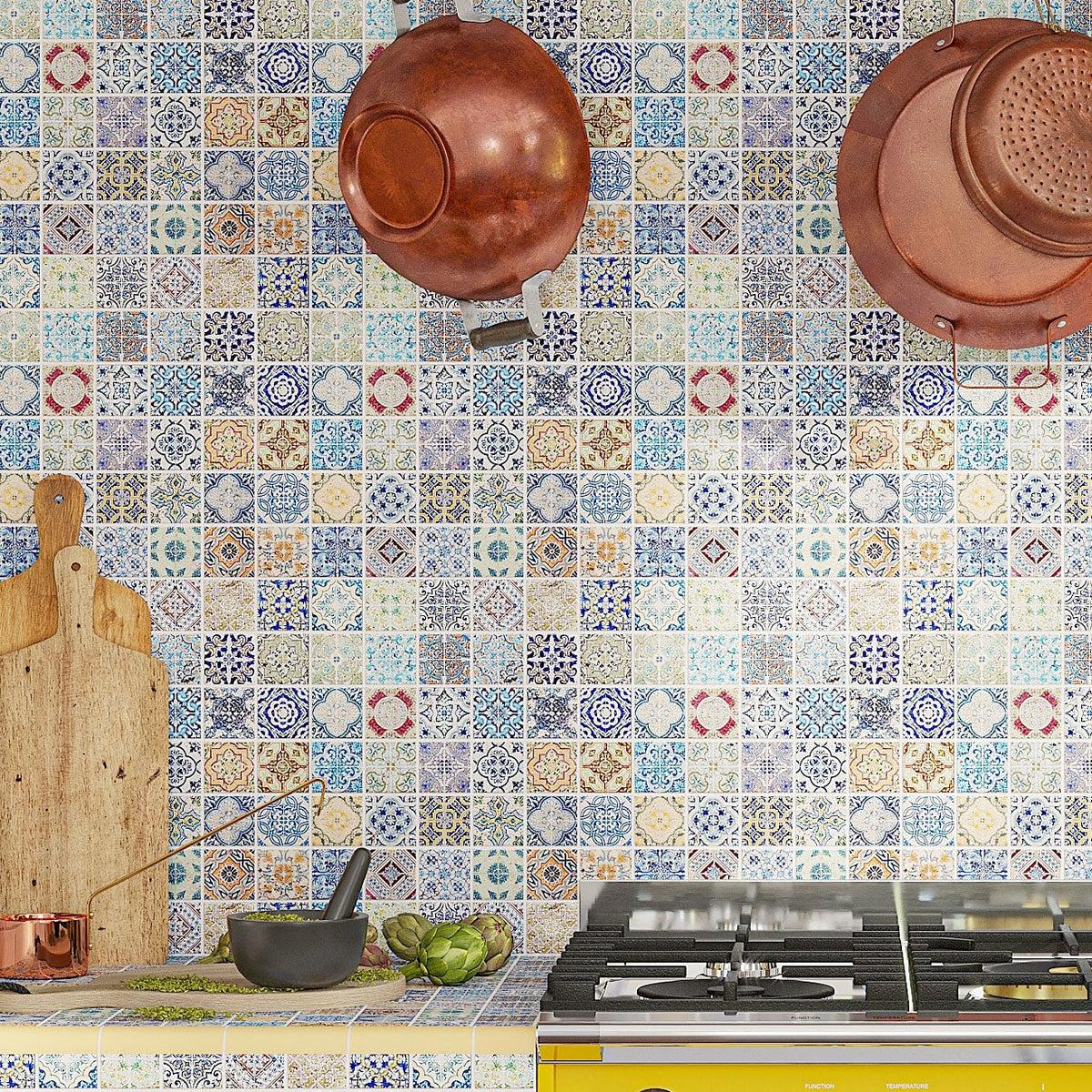 Spanish kitchen design with mosaic tile backsplash