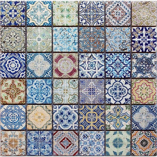 Colorful Spanish tile with mesh backing
