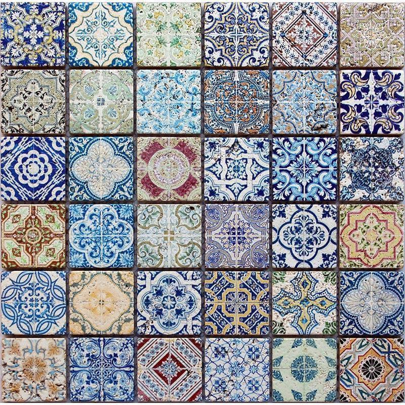 Colorful Spanish tile with mesh backing