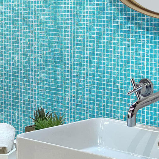 Sparkling Bright Blue & Gold Mixed Squares Glass Pool Tile | Tile Club