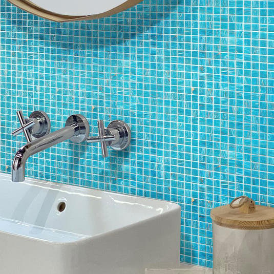 Sparkling Bright Blue & Gold Mixed Squares Glass Pool Tile | Tile Club