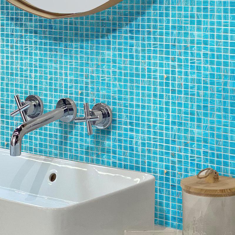 Sparkling Bright Blue & Gold Mixed Squares Glass Pool Tile | Tile Club
