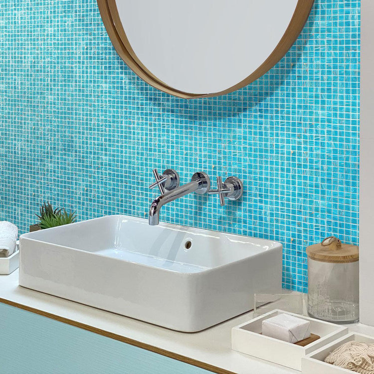 Sparkling Bright Blue & Gold Mixed Squares Glass Pool Tile Bathroom Backsplash