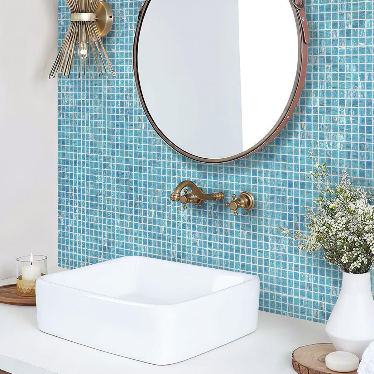 Sparkling Classic Blue and Gold Mixed Squares Glass Pool Tile Bathroom Backsplash