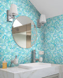 Sparkling Pool Blue Mixed Squares Glass Tile Bathroom Backsplash