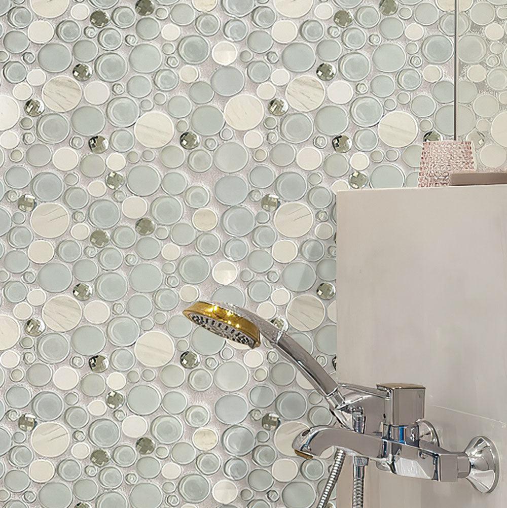 Sparkly Spheras Glass And Stone Tiles backsplash close-up