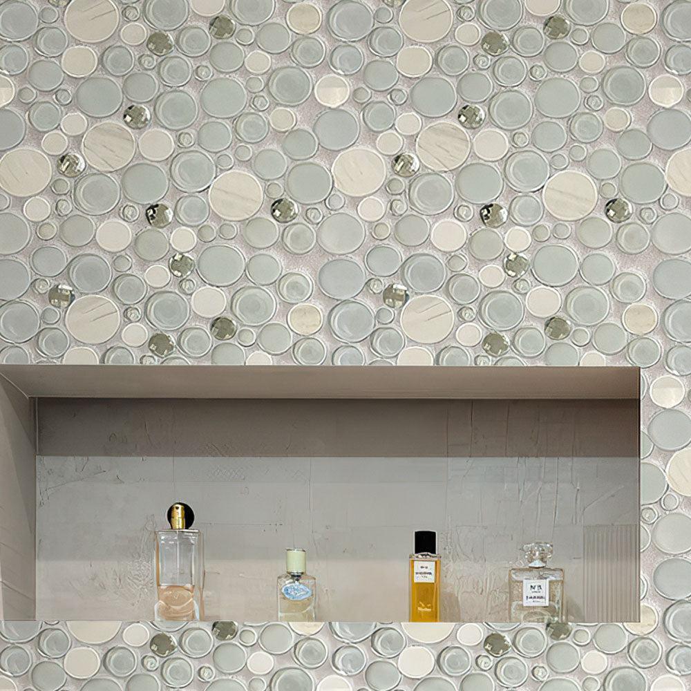 Sparkle Spheres Glass And Stone Tiles bathroom niche