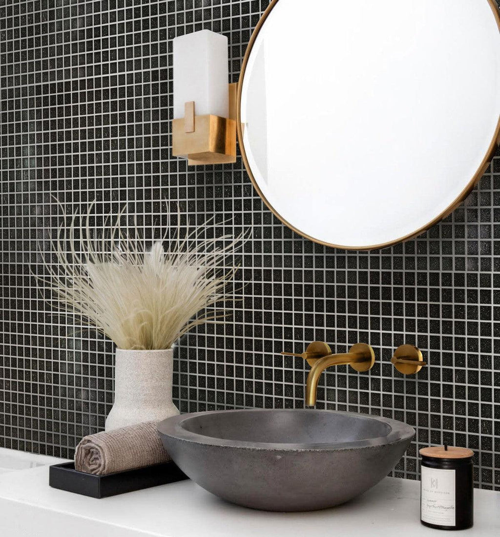 Speckled Black Squares Glass Pool Tile Bathroom Backsplash
