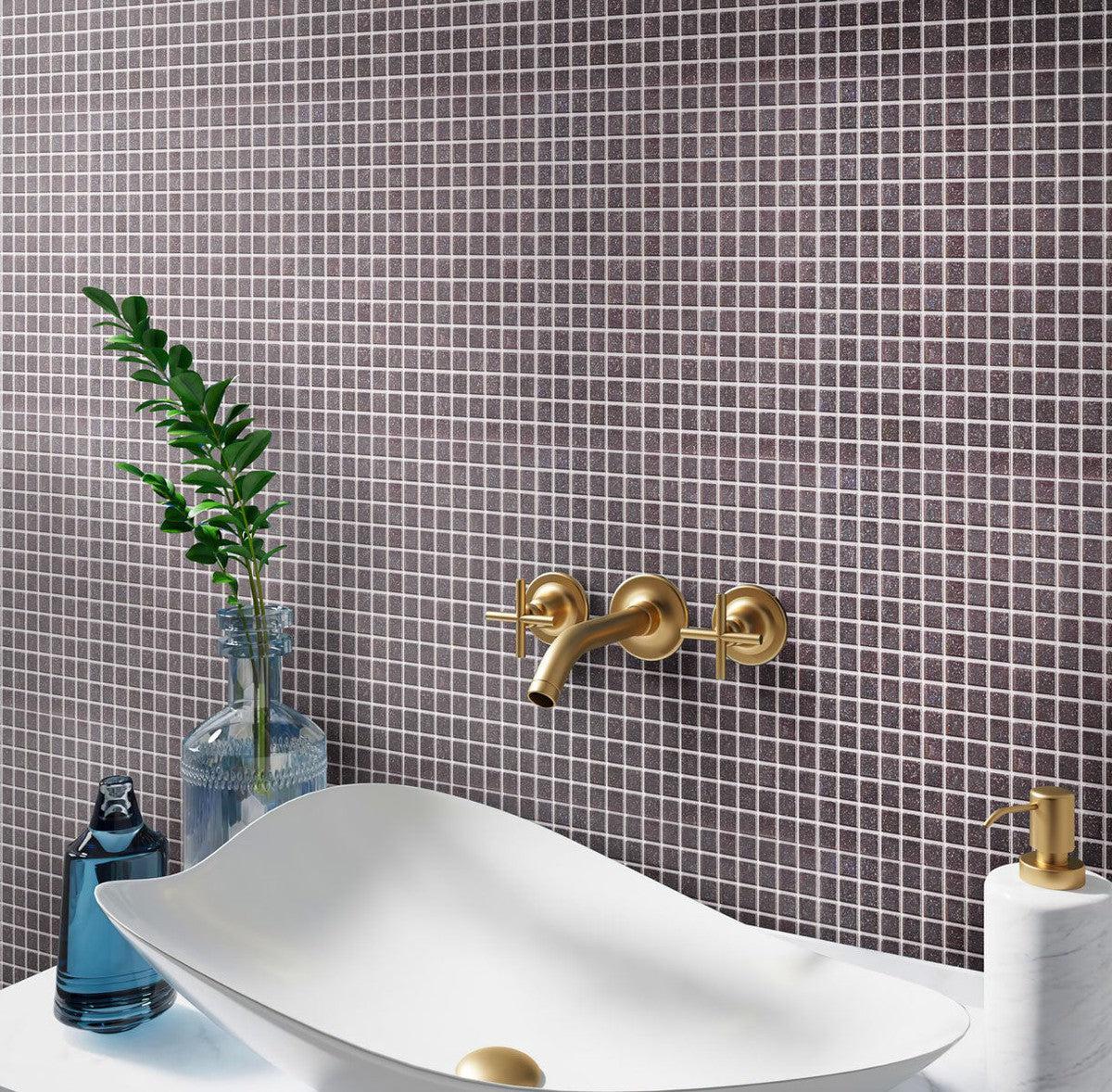 Speckled Charcoal Grey Squares Glass Pool Tile Bathroom Backsplash