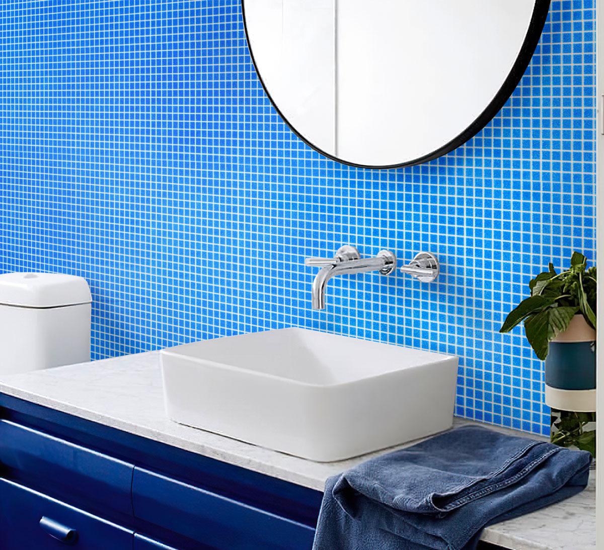 Speckled Cobalt Blue Squares Glass Pool Tile Bathroom Backsplash
