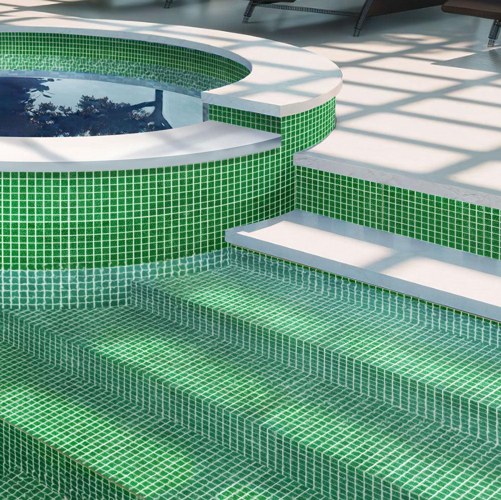 Speckled Emerald Green Squares Glass Pool Tile Outdoor Pool Finished