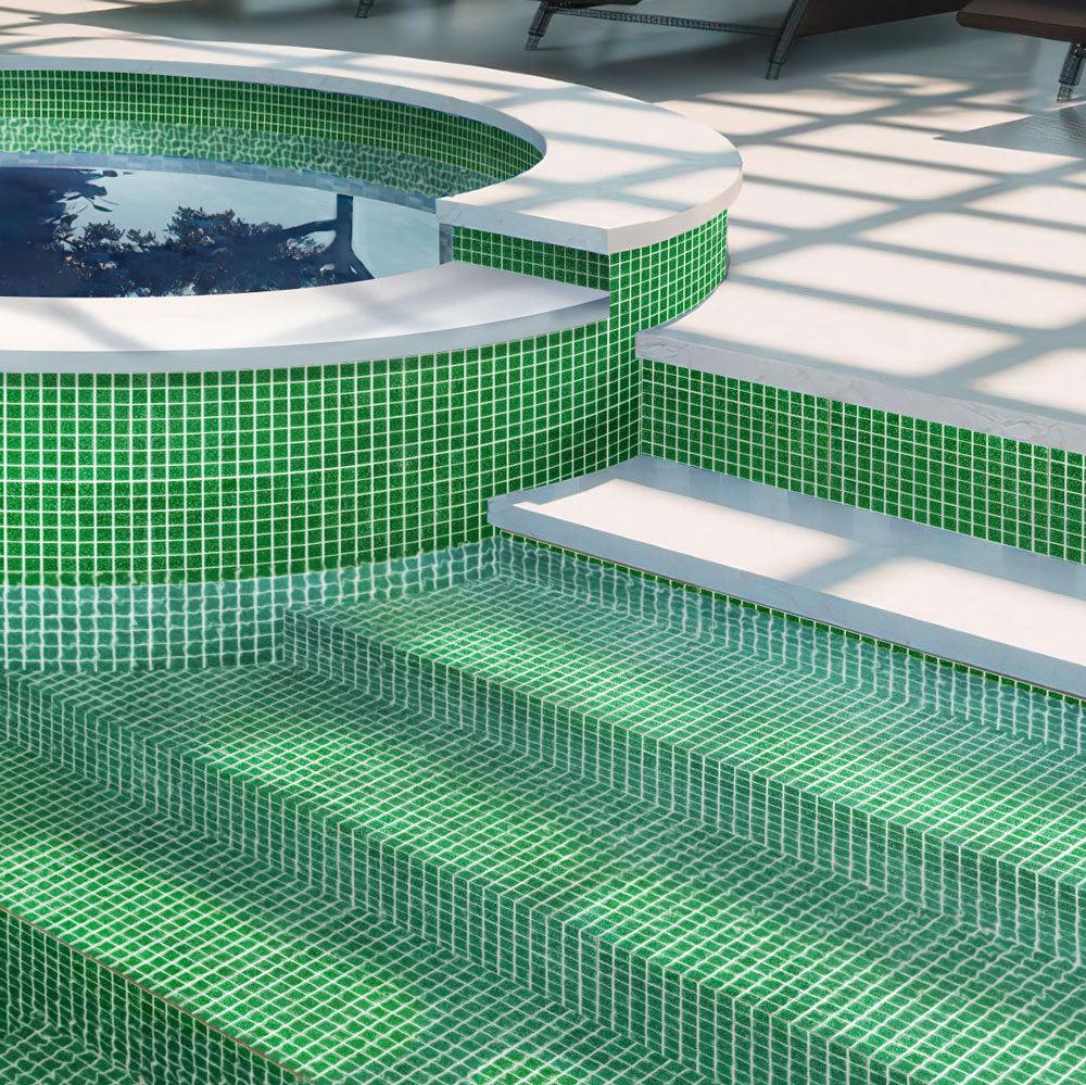 Speckled Emerald Green Squares Glass Pool Tile Outdoor Pool Finished