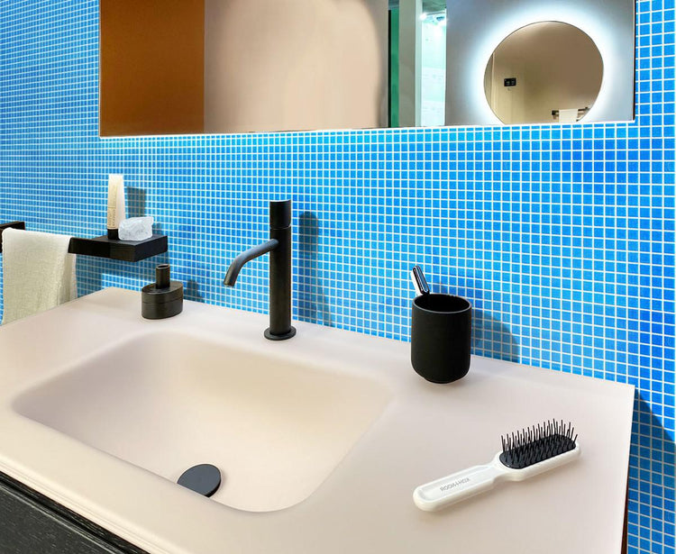 Speckled Fiji Blue Squares Glass Pool Tile Bathroom Backsplash