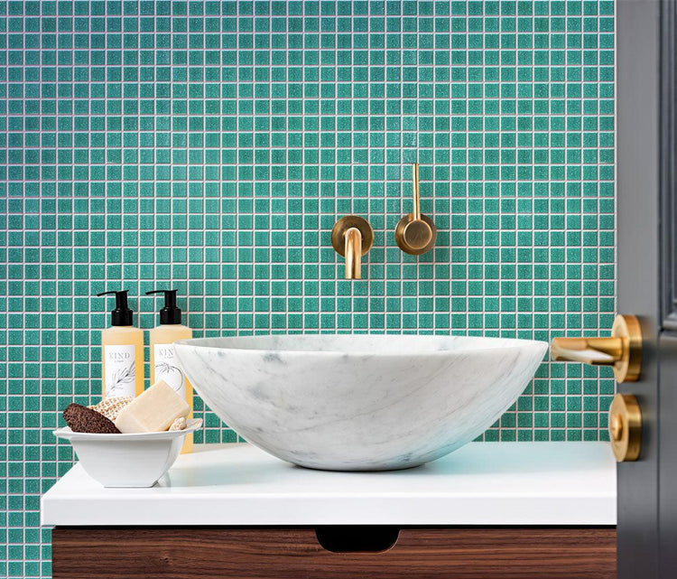 Speckled Jade Green Squares Glass Pool Tile Bathroom Backsplash