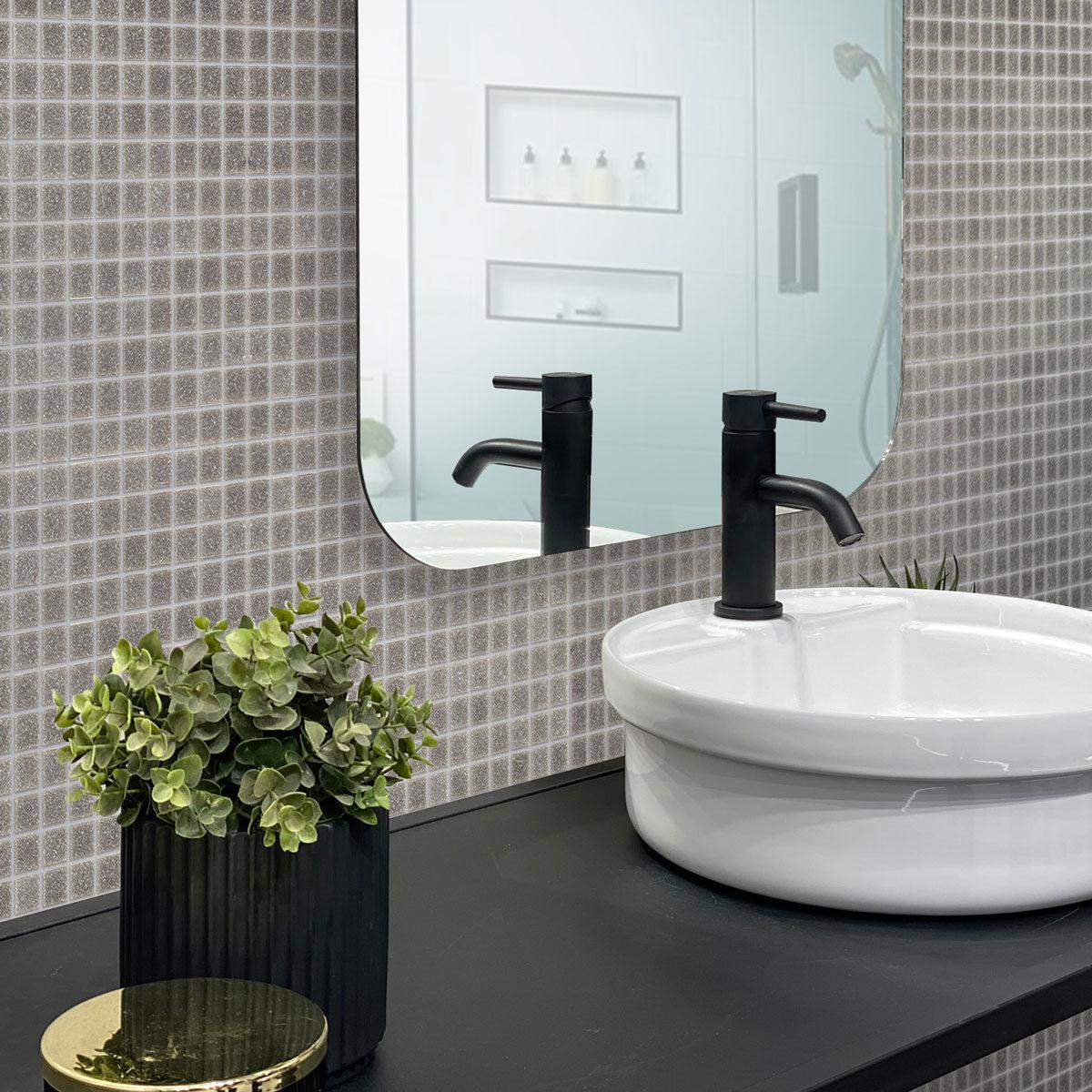 Speckled Pewter Grey Squares Glass Pool Tile Bathroom Backsplash