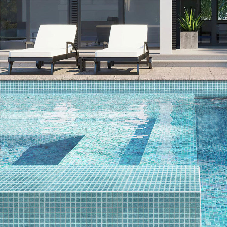 Speckled Turquoise Squares Glass Pool Tile Finished Poolside