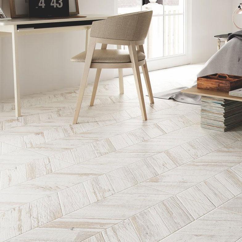 Spiga Olson Blanco Chevron Flooring with Wood Look Porcelain
