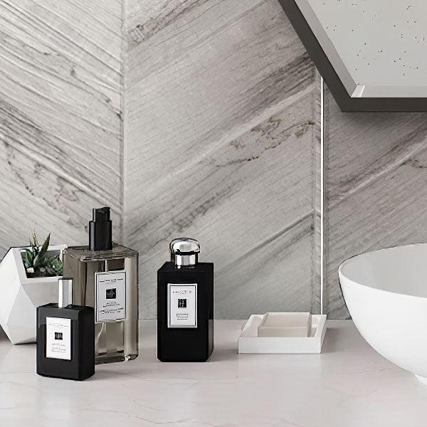 Spiga Olson Gris Wood-Look Chevron Porcelain Tile Bathroom Backsplash Close-up