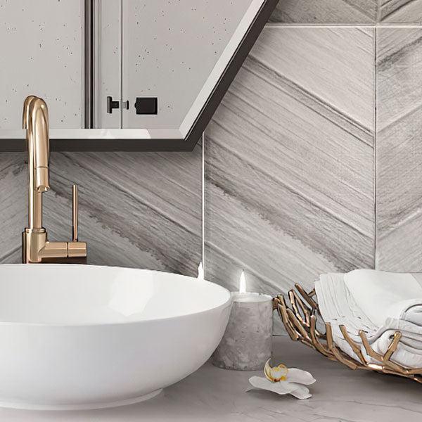 Bathroom Sink on Background of Spiga Olson Gris Wood-Look Chevron Porcelain Tile