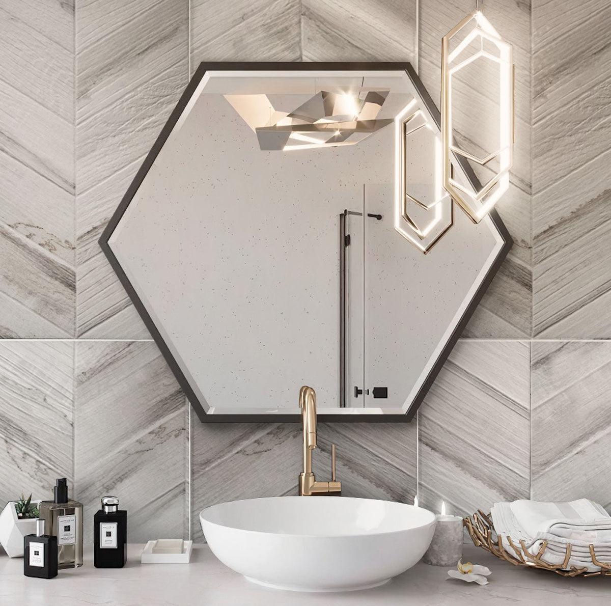 Spiga Olson Gris Wood-Look Chevron Porcelain Tile Bathroom Backsplash