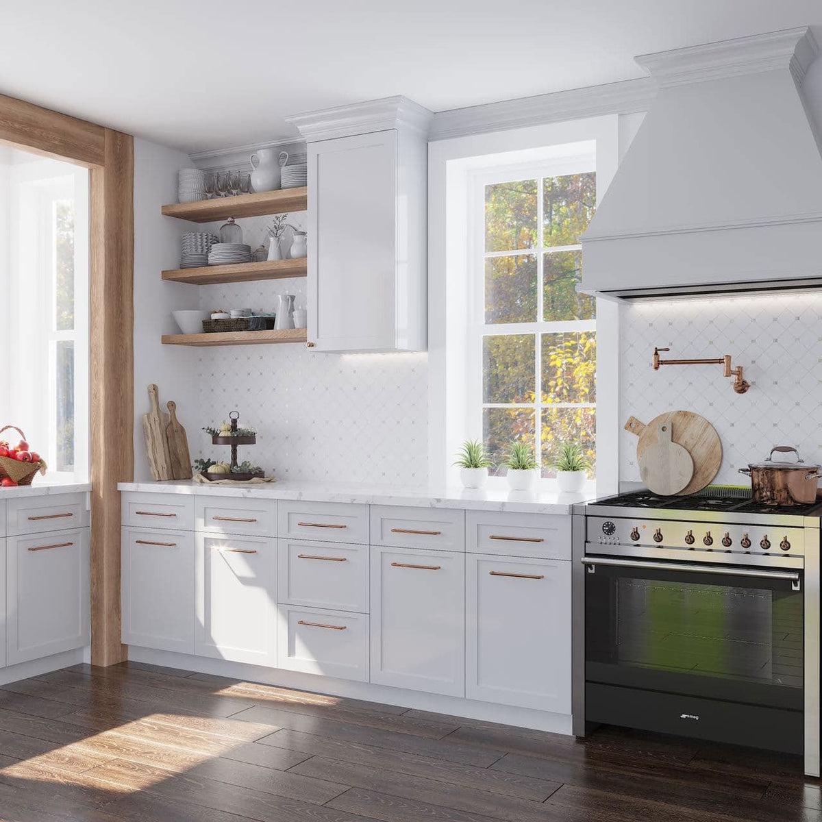 White Marble Farmhouse Kitchen with Copper Details and Mother of Pearl Tiles