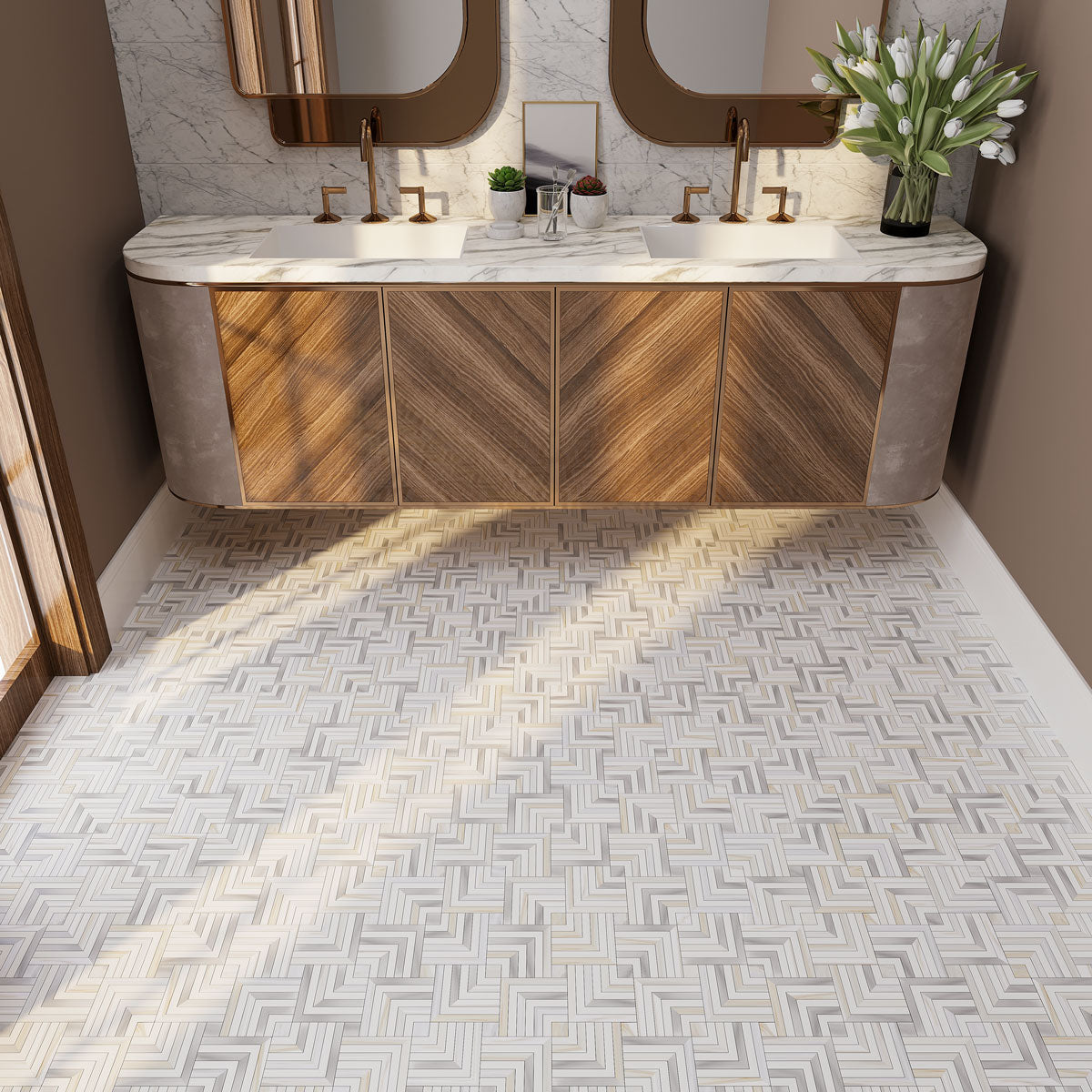 Square Weave Calacatta Gold & Thassos Mosaic Tile bathroom floor