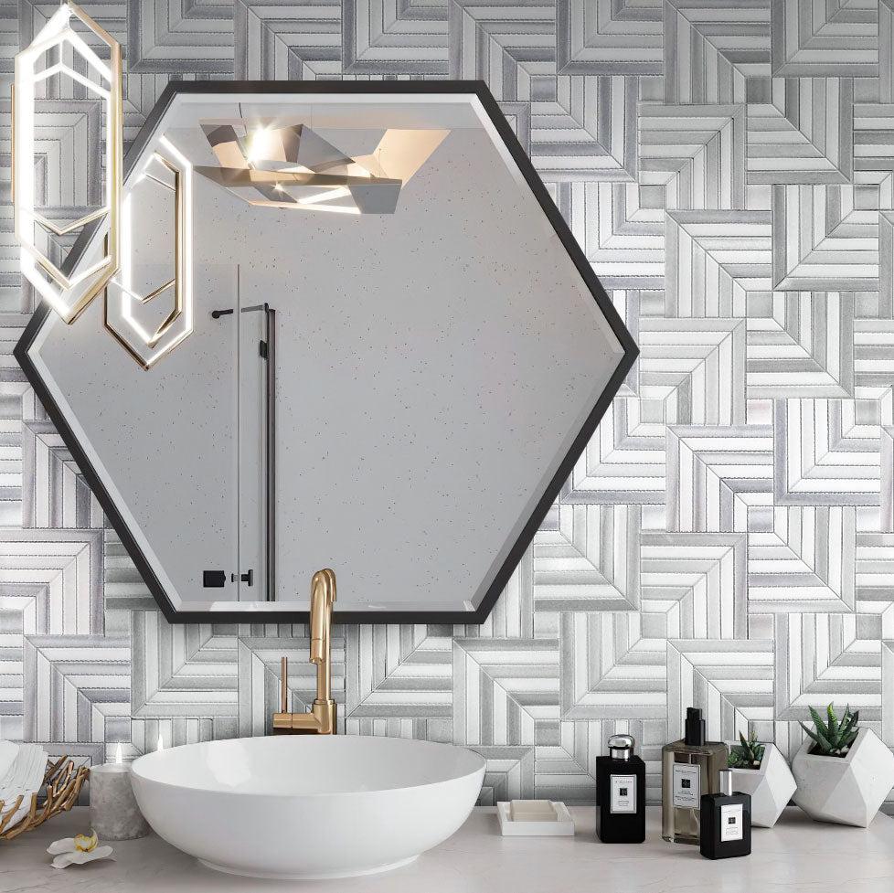 Gray and white geometric bathroom wall tile
