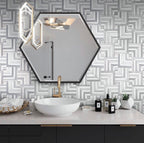 Patterned tile wall bathroom sink