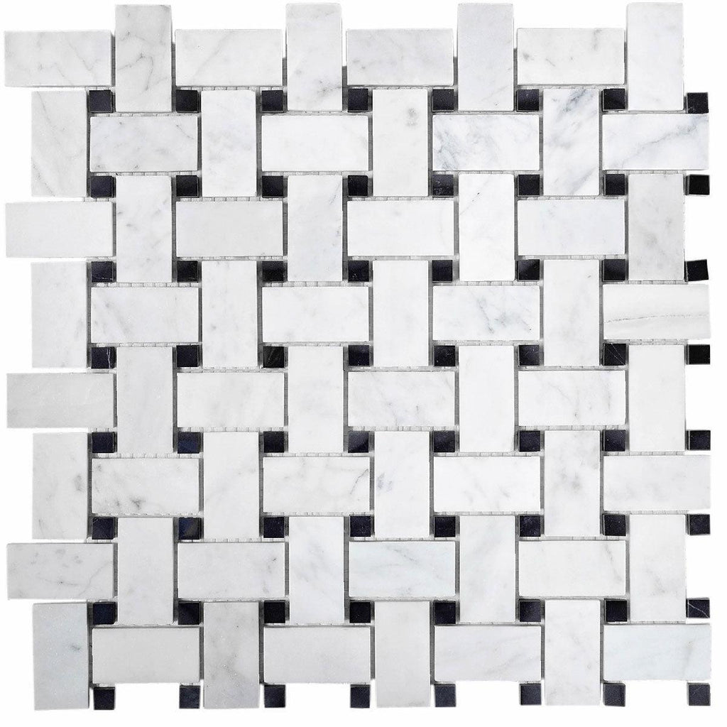 Basket Weave Carrara With Black Dot Polished Marble Tile