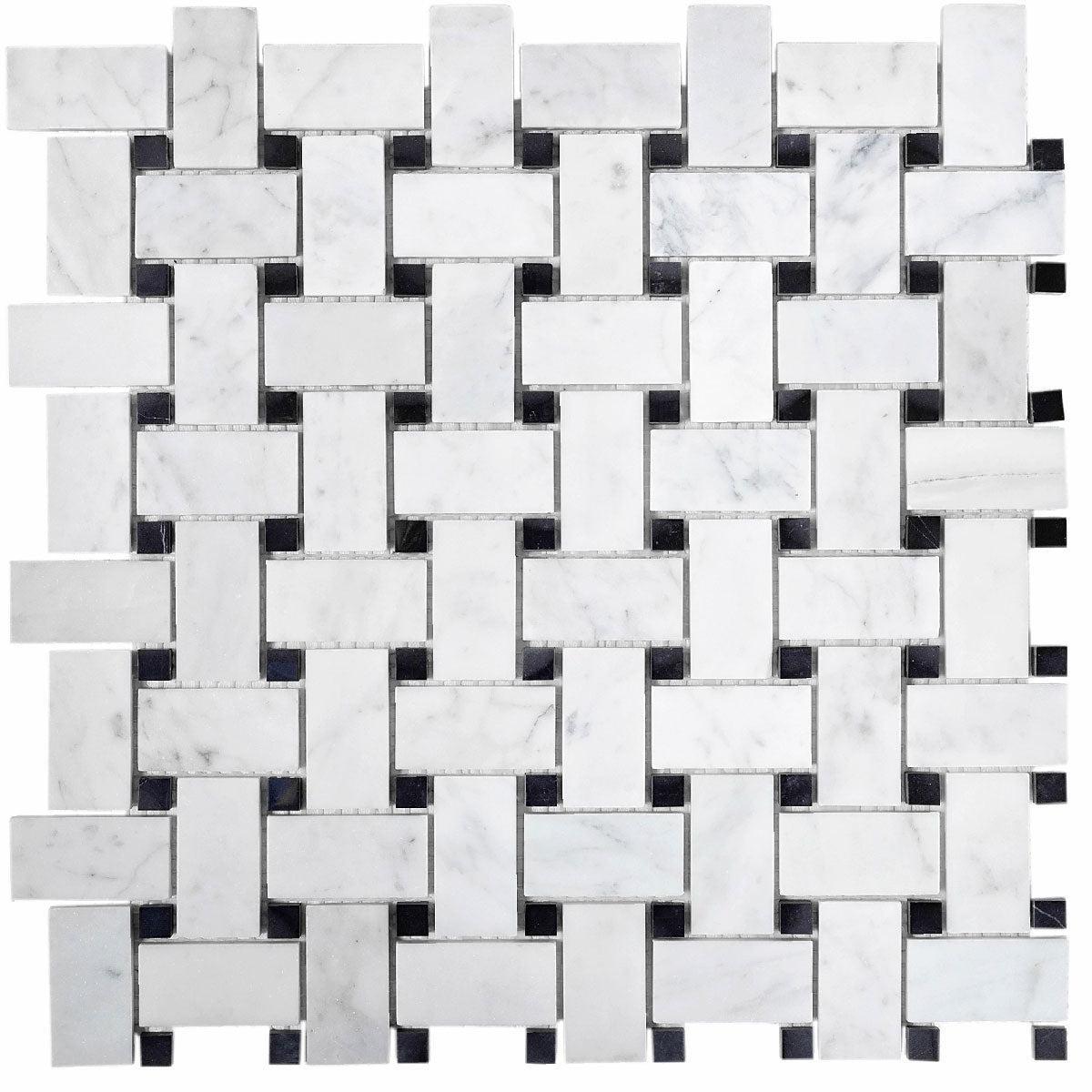 Basket Weave Carrara With Black Dot Polished Marble Tile