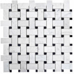 Basket Weave Carrara With Black Dot Polished Marble Tile