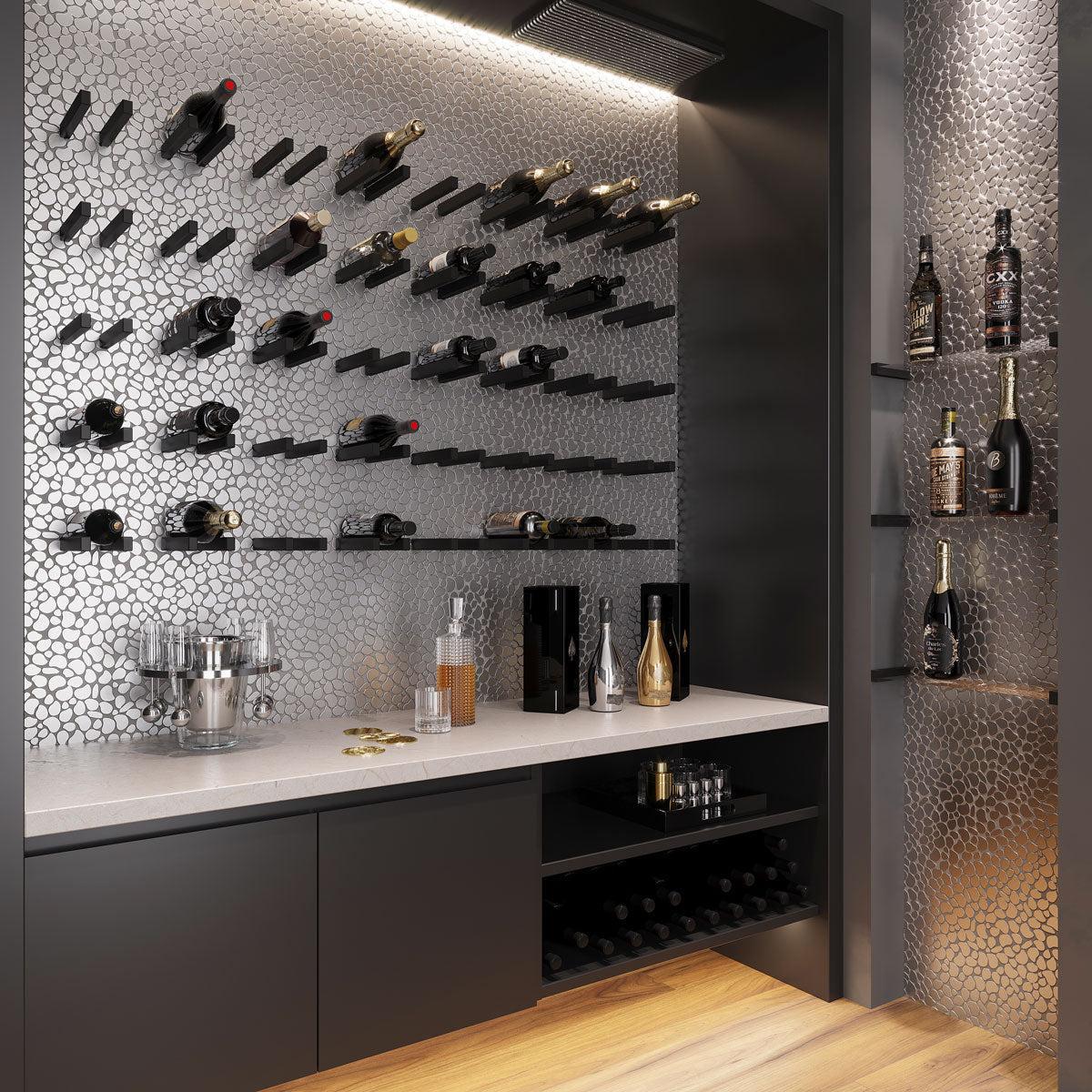 Stainless steel pebble accent wall for a black and chrome wine storage room