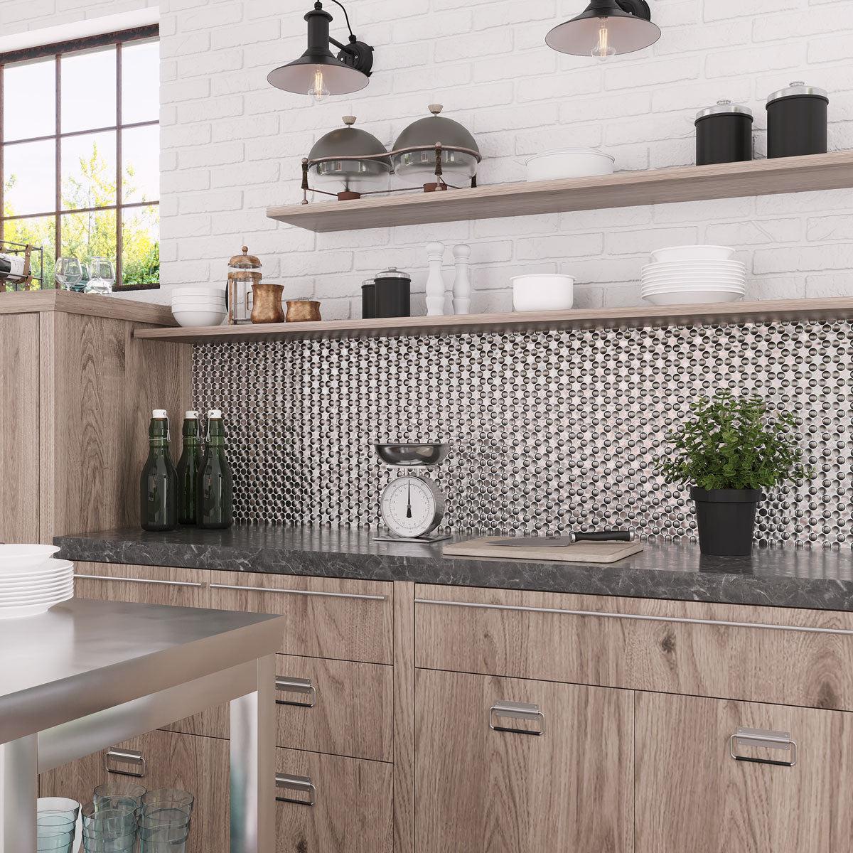 Rustic Industrial Kitchen with Stainless Steel Penny Pebble Metal Mosaic Tile Backsplash