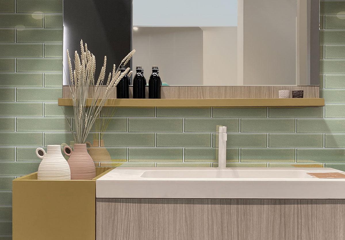Green glass subway tile mosaic for bathroom walls