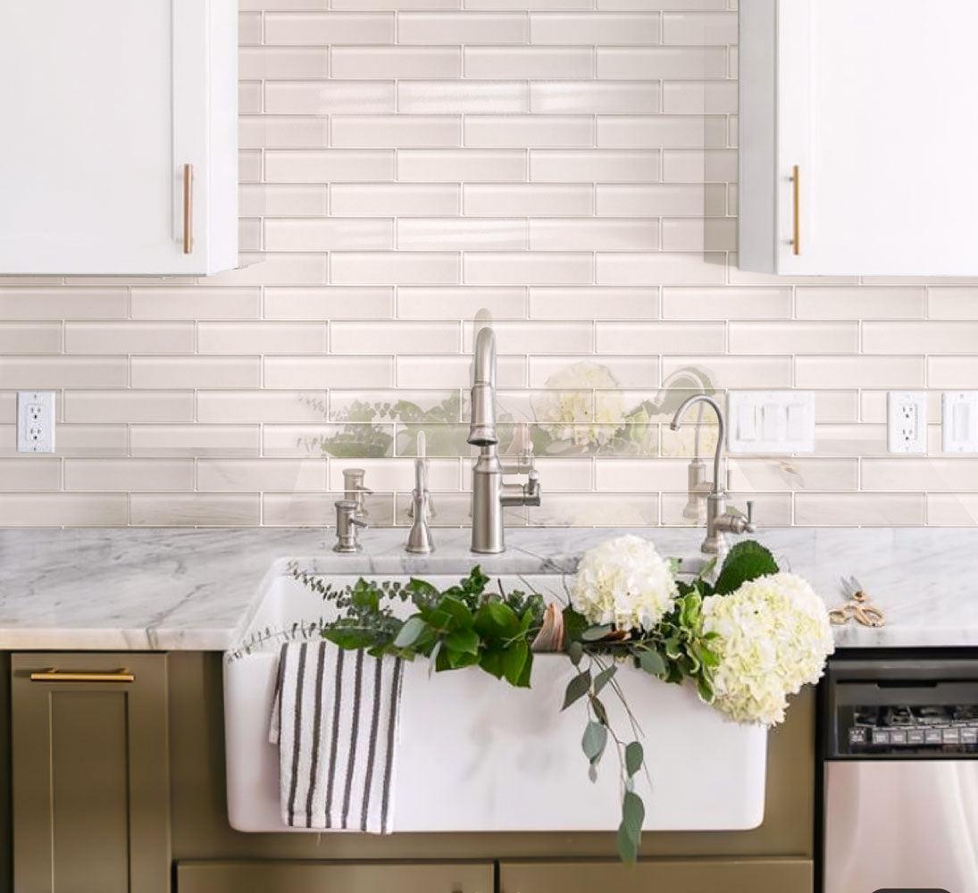Stardust White Glass Subway Tile Kitchen Wall