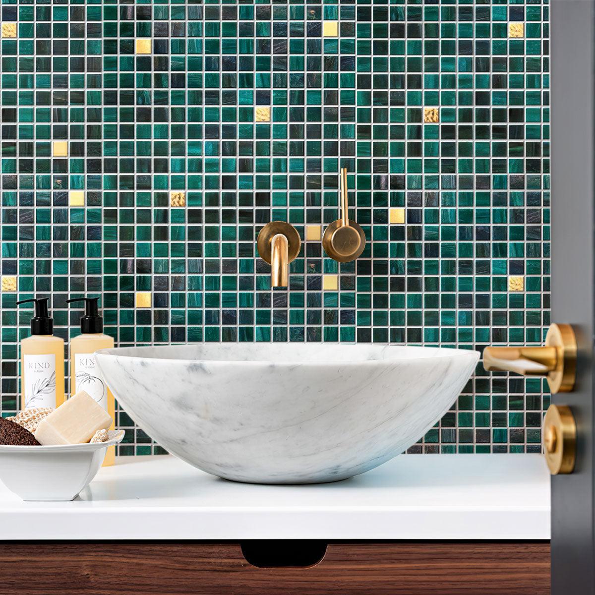 Starry Night Teal Mixed Squares Glass Tile bathroom shines!