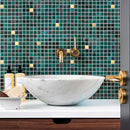 Starry Night Teal Mixed Squares Glass Tile bathroom shines!
