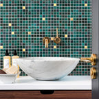 Starry Night Teal Mixed Squares Glass Tile bathroom shines!