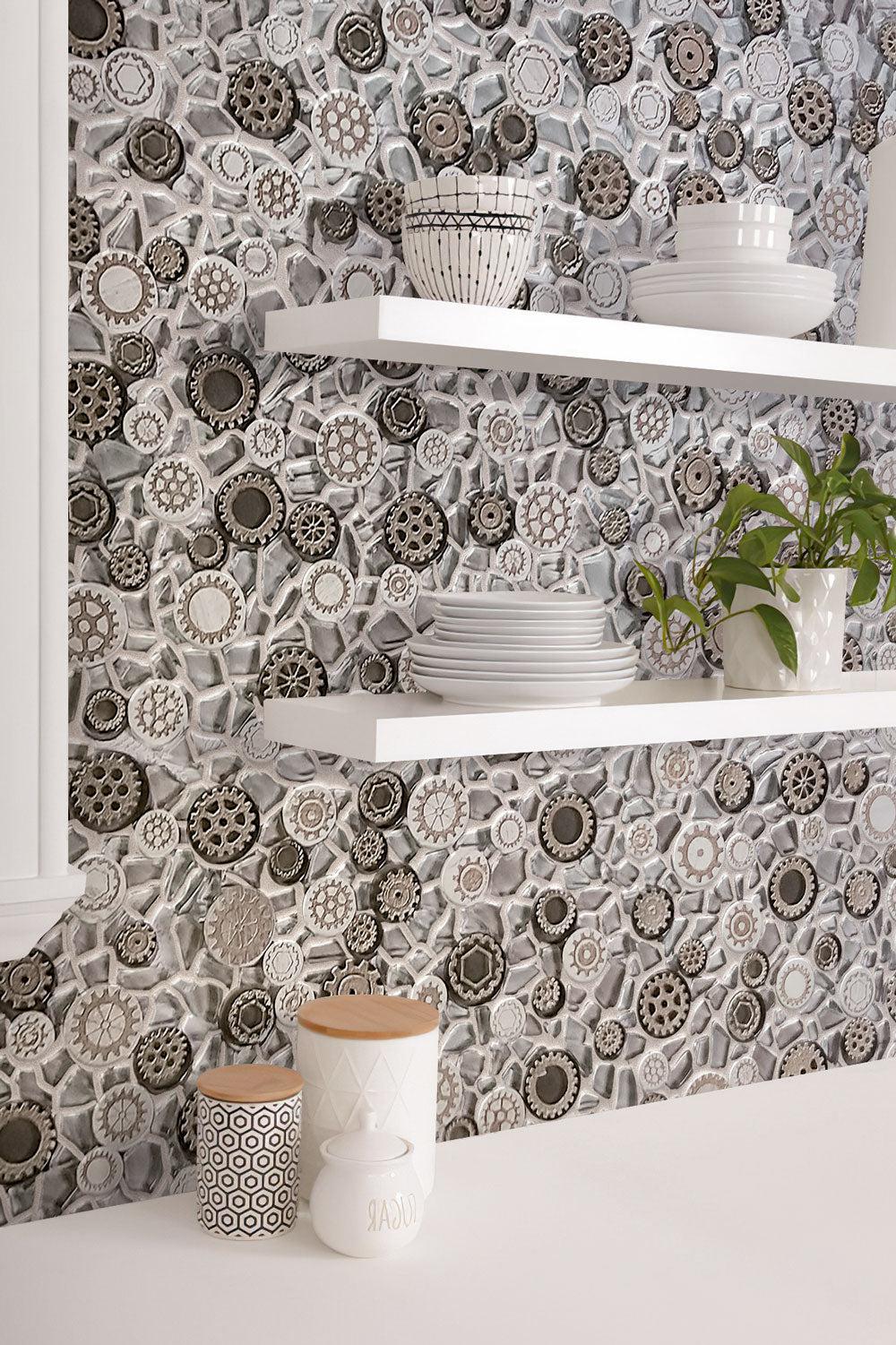 Steampunk glass tile kitchen backsplash with floating shelves