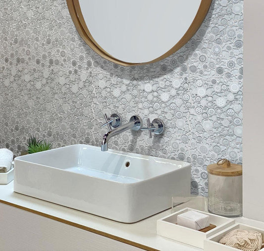 Steampunk design white glass tile backsplash bathroom