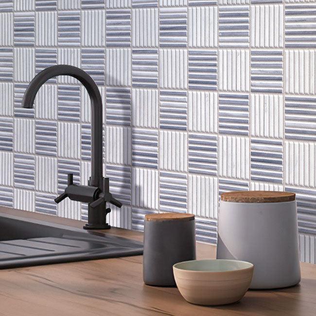 Modern Kitchen with Sticks Carrara & Bardiglio Marble Mosaic Tile Wall Close-up