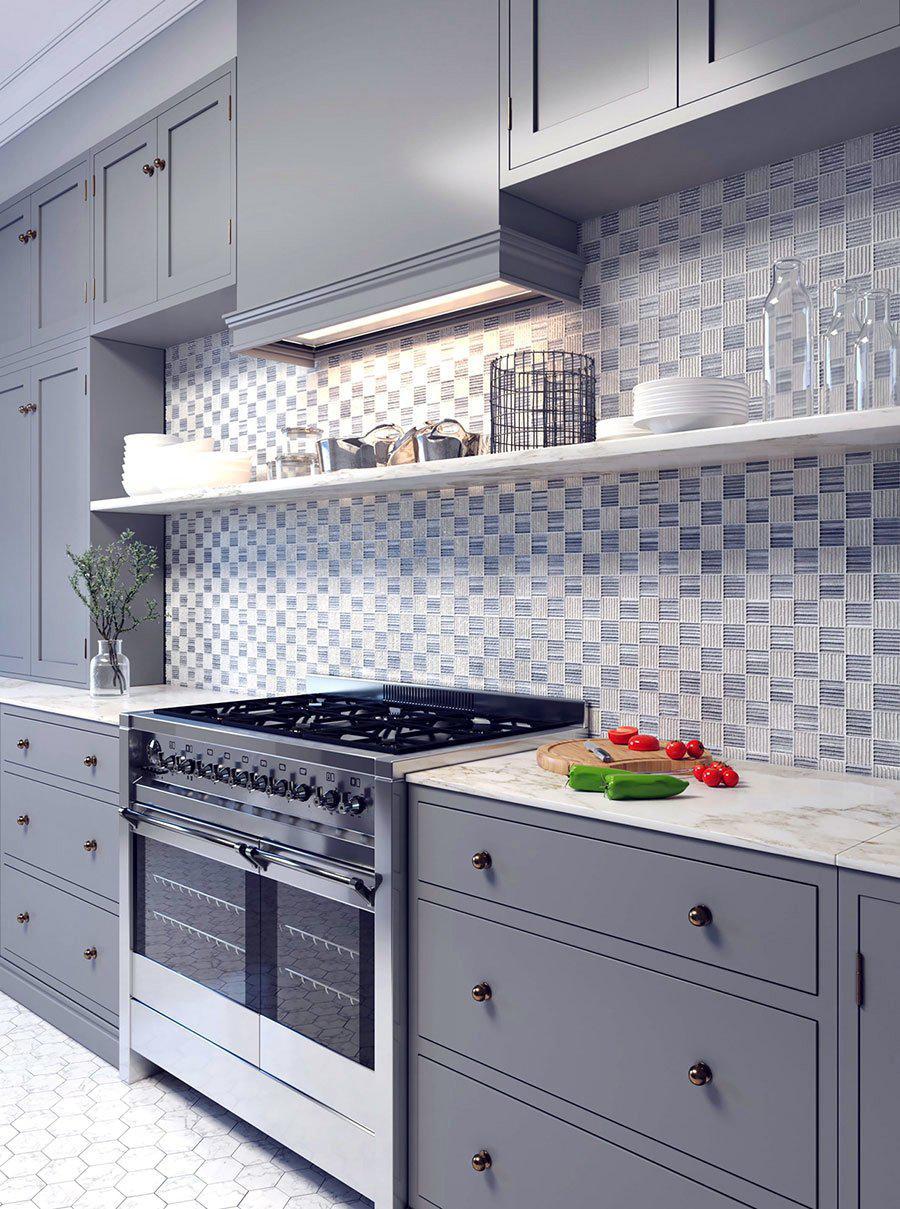 Modern White and Gray Kitchen with Sticks Carrara & Bardiglio Marble Mosaic Tile Backsplash