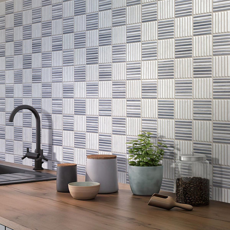 Kitchen with Sticks Carrara & Bardiglio Marble Mosaic Tile Backsplash