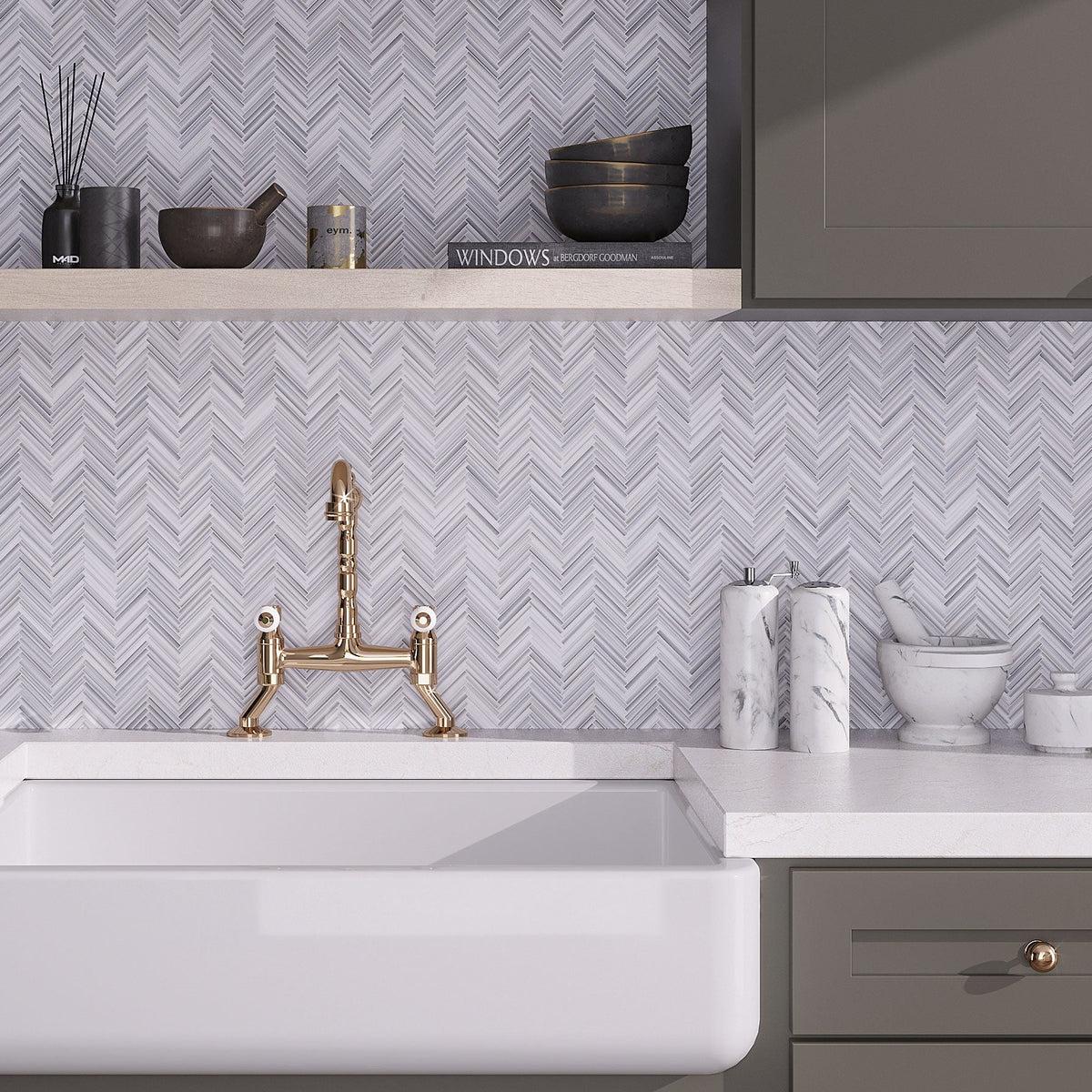 Marble chevron tile kitchen backsplash